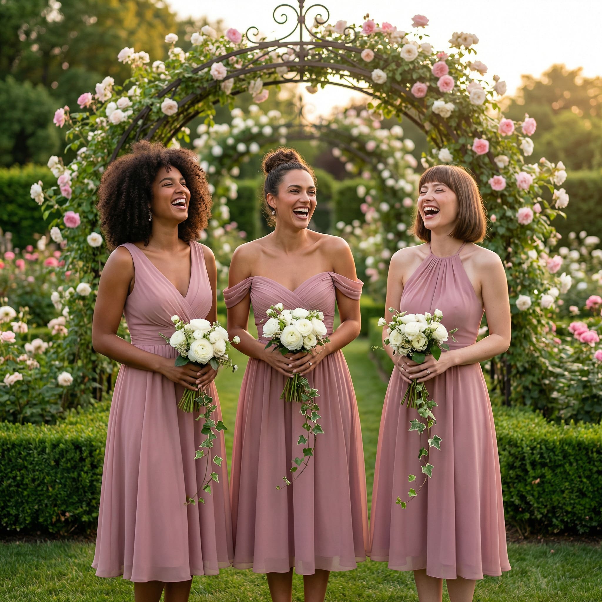 AI-generated bridesmaids portrait in dusty rose dresses in garden setting