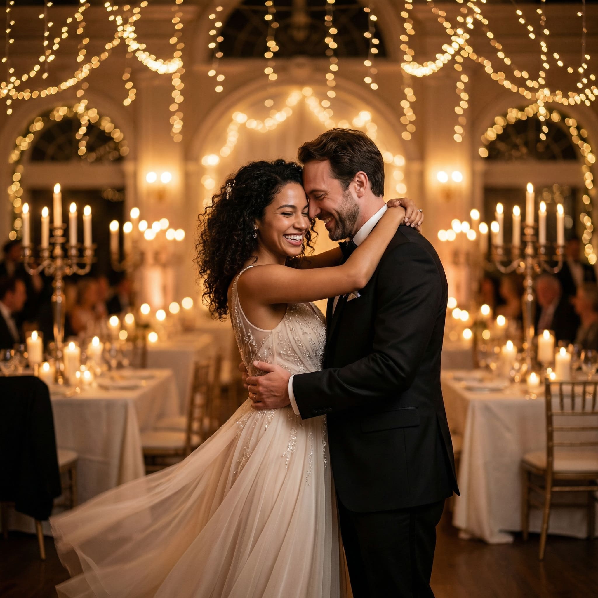 AI-generated couple wedding portrait at romantic candlelit reception dance