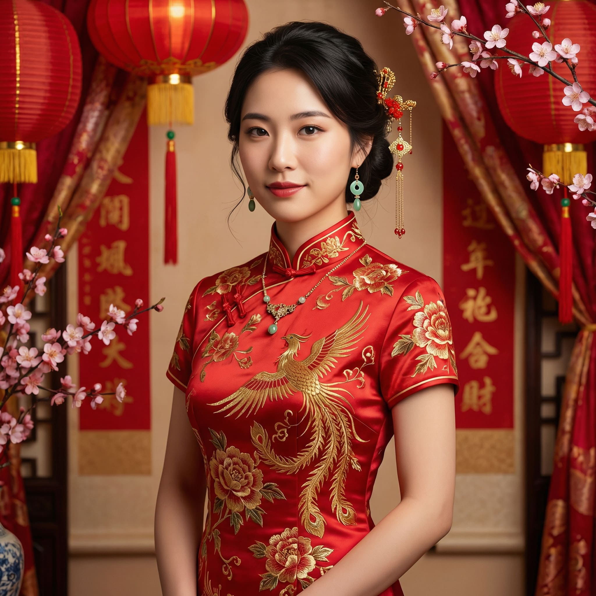 AI-generated Chinese traditional red qipao bridal portrait