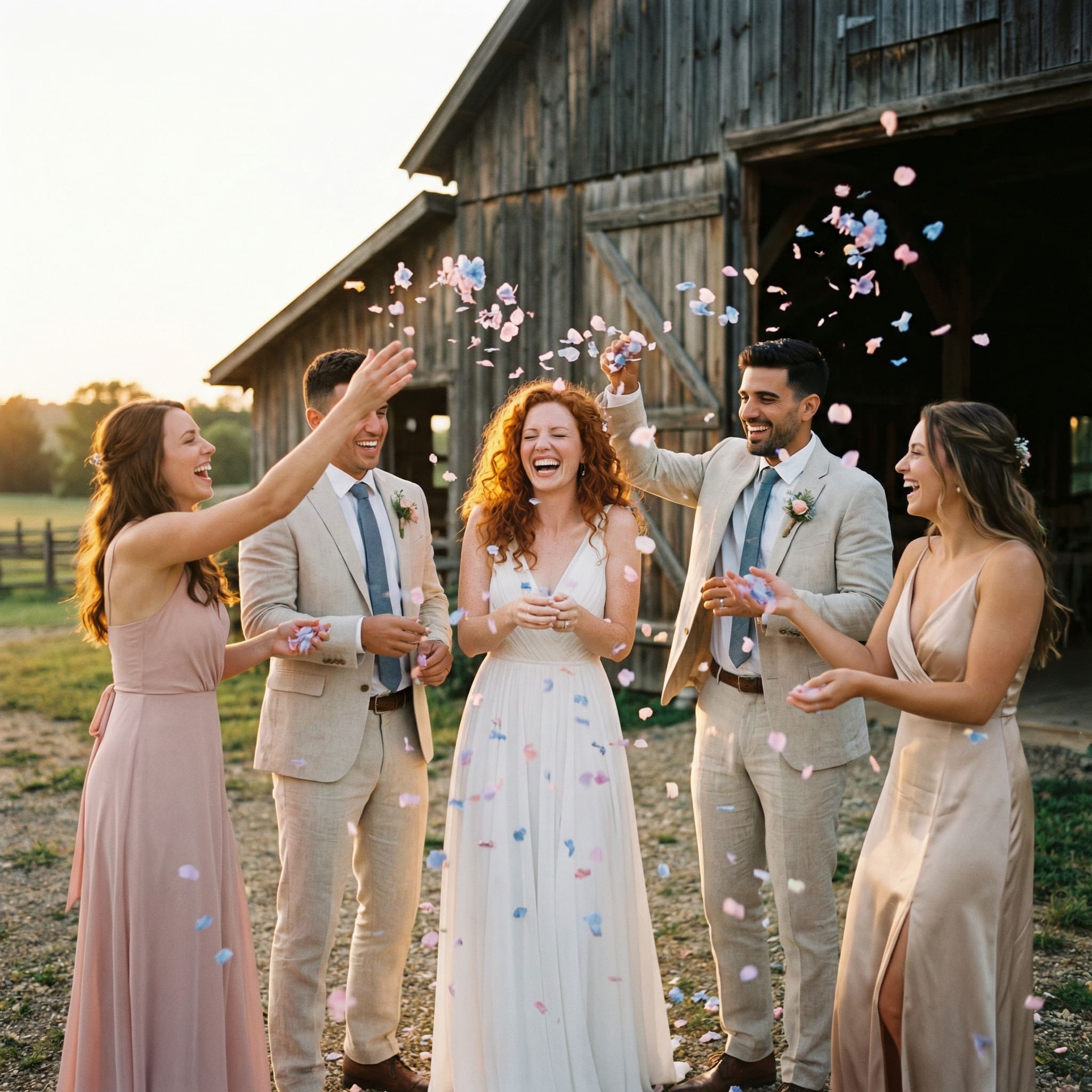 AI-generated fun confetti candid bridal party wedding portrait