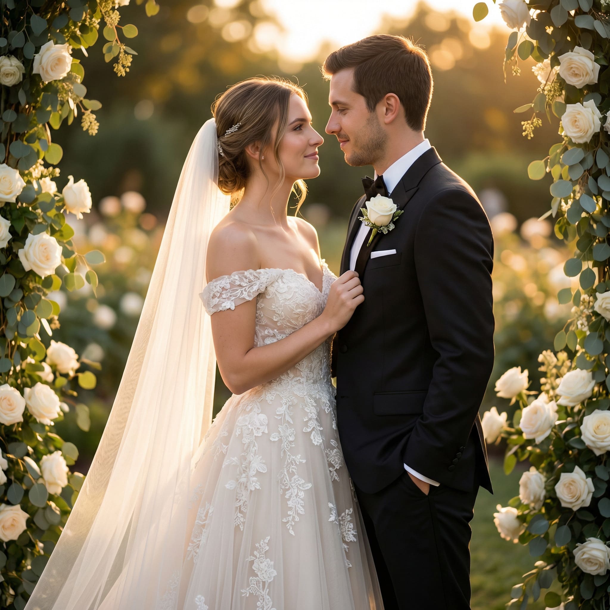 AI-generated couple wedding portrait at golden hour outdoor ceremony