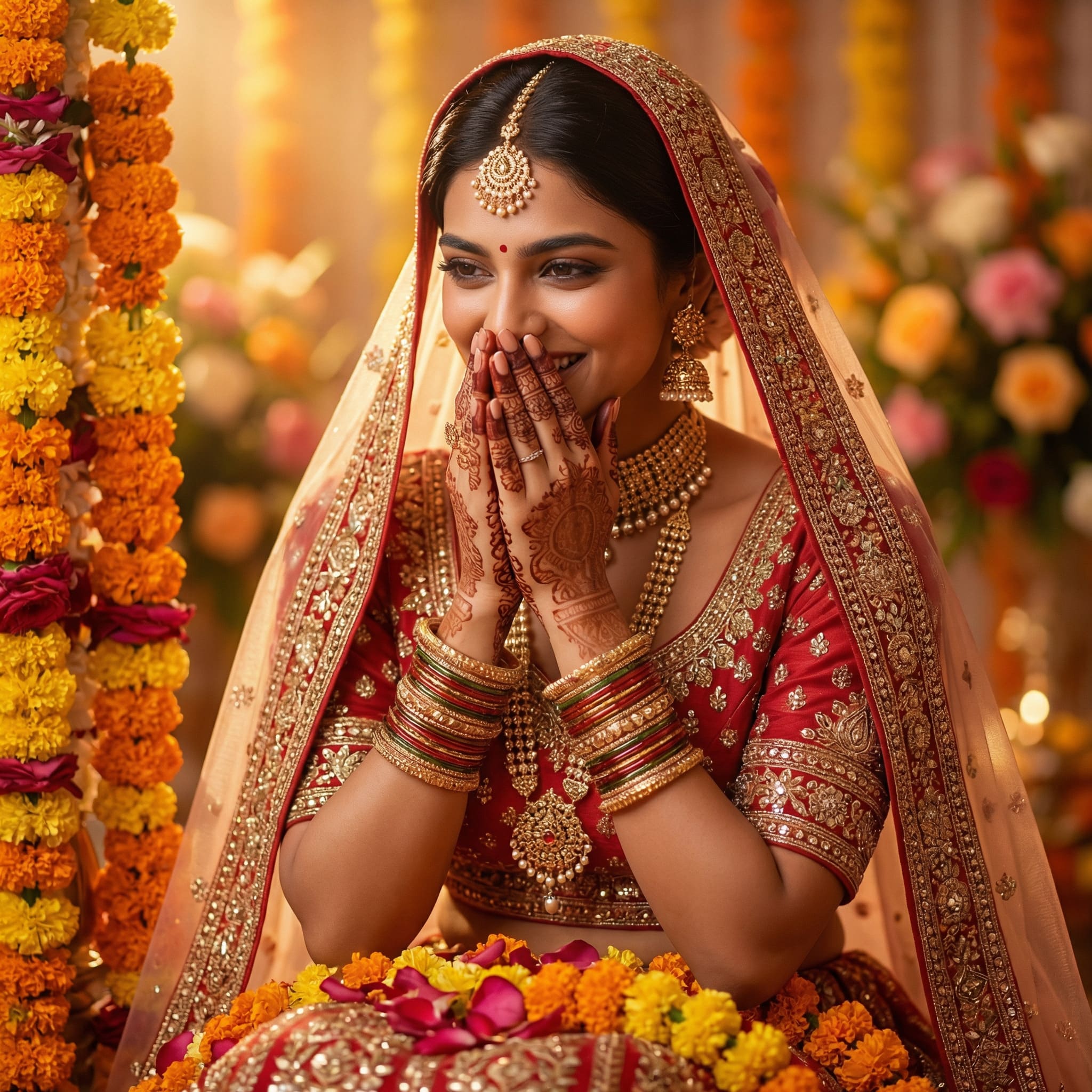 AI-generated Indian bride wedding portrait in red lehenga with marigold decorations