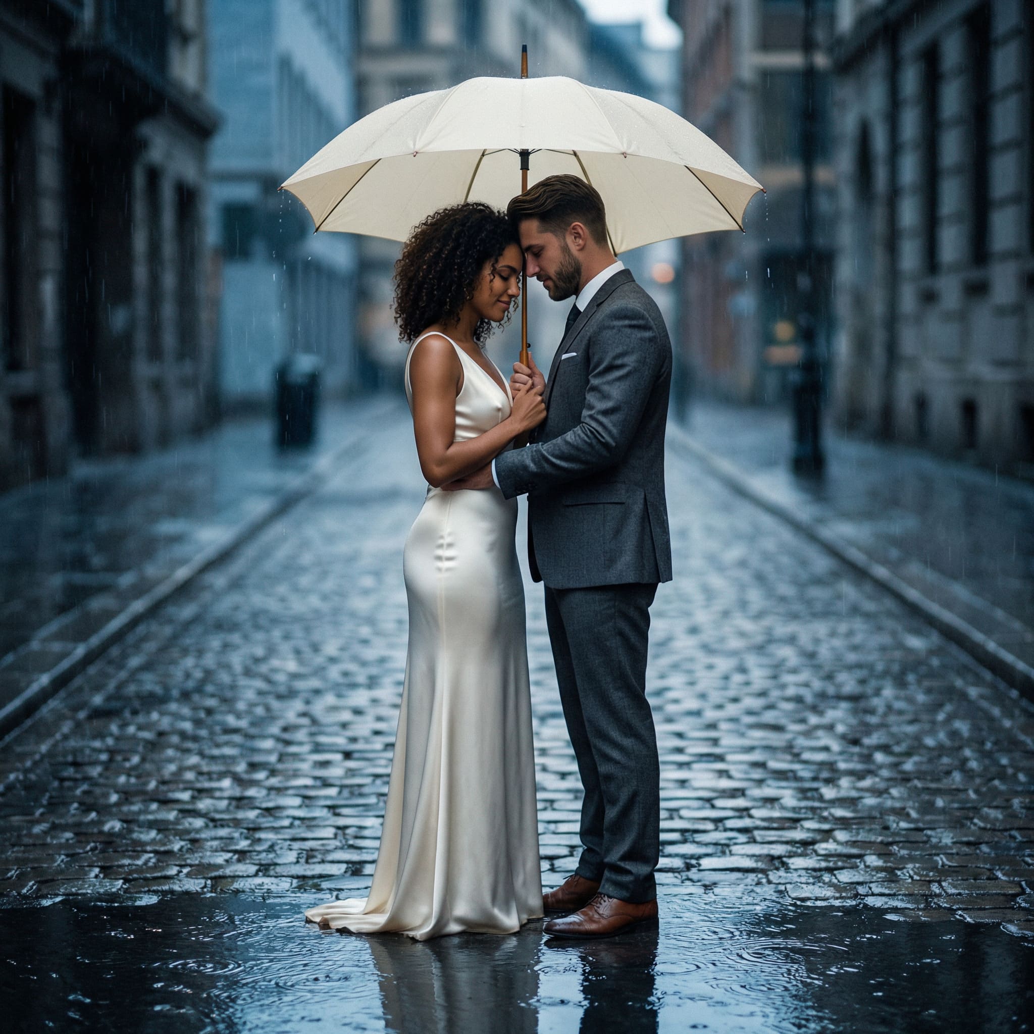 AI-generated cinematic couple wedding portrait in the rain