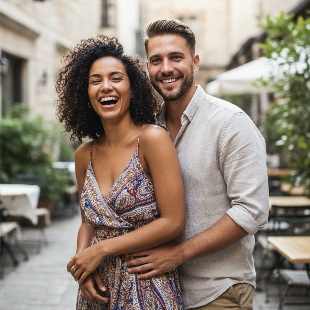 Original couple photo used as face reference for AI rainy day wedding portrait generation