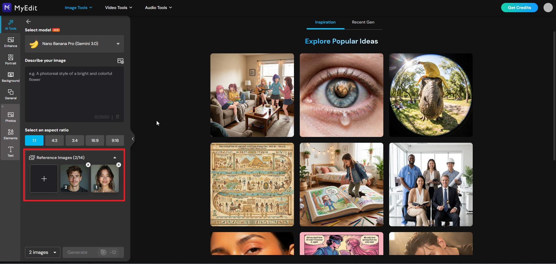Upload reference photo to generate AI wedding portrait on MyEdit