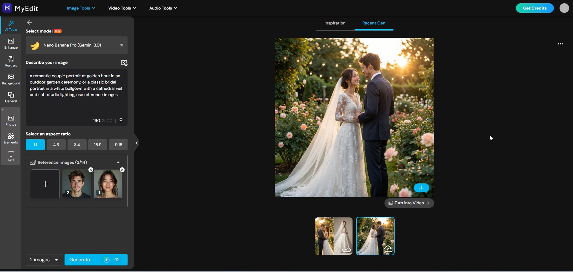 AI-generated wedding photo result on MyEdit