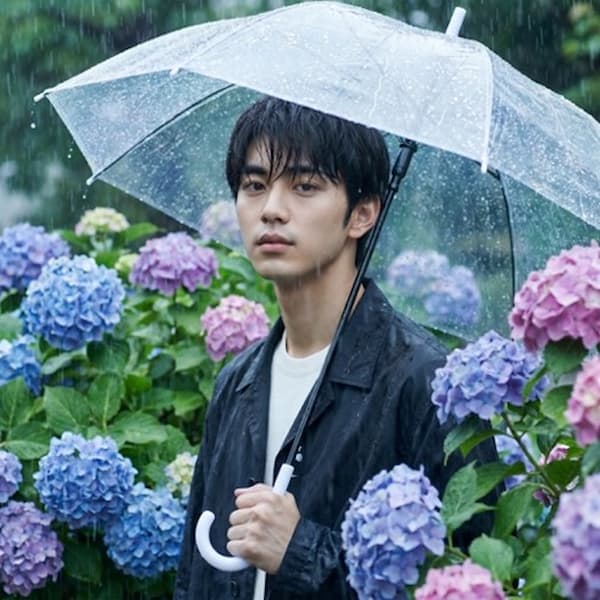 雨の日エモ系 AI 紫陽花ポートレート