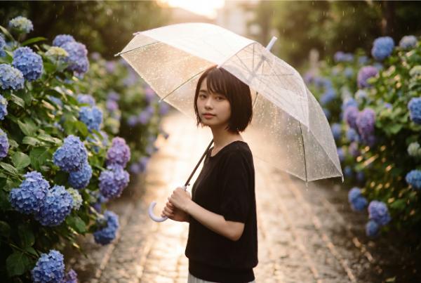 雨の日エモ系 AI 紫陽花ポートレート