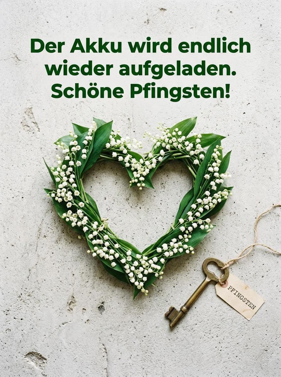 Ein aus Maiglöckchen geformtes Herz auf hellem Betonhintergrund mit einem alten Messingschlüssel und dem grünen Text Der Akku wird endlich wieder aufgeladen. Schöne Pfingsten!