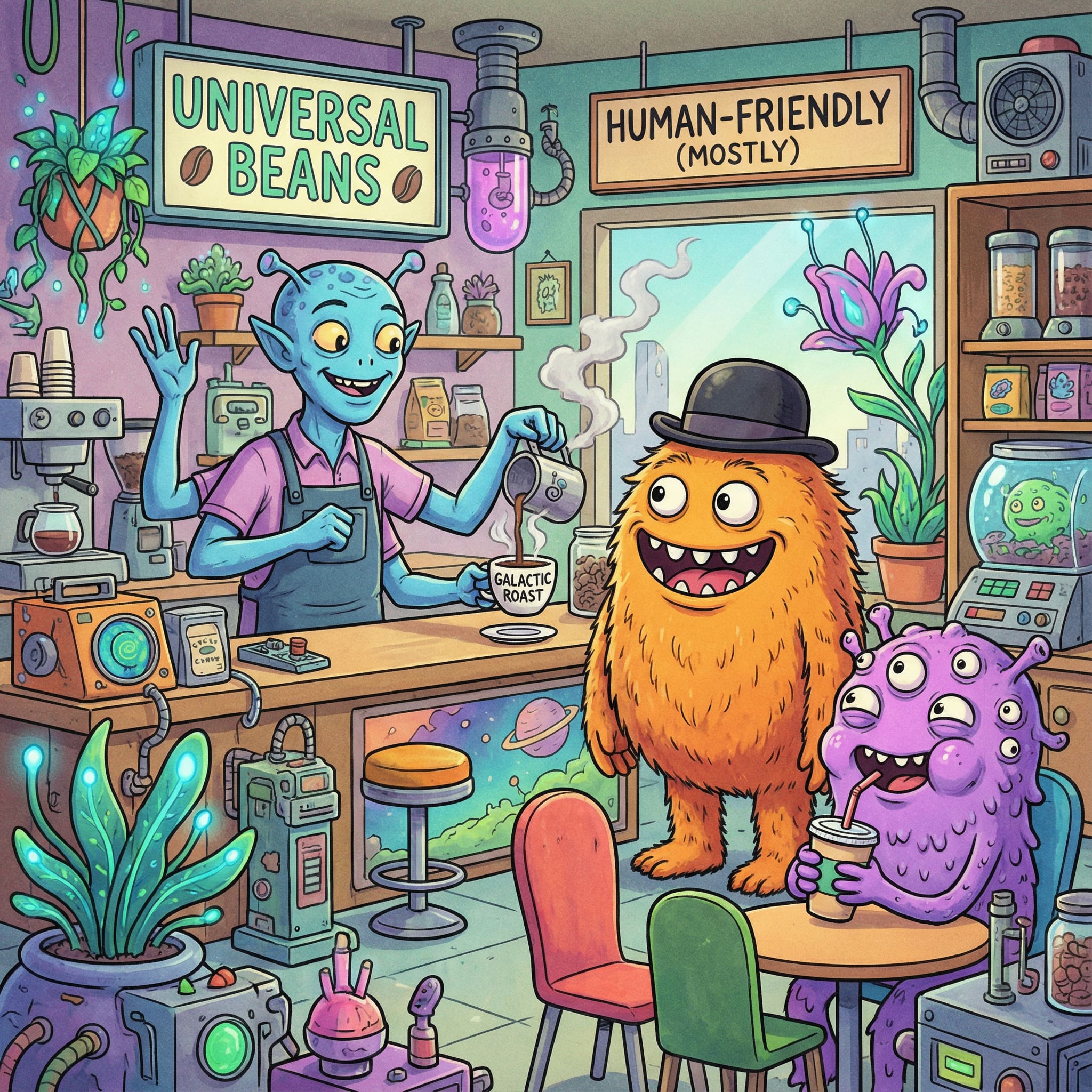 Alien-Barista bedient Monster KI-Bild