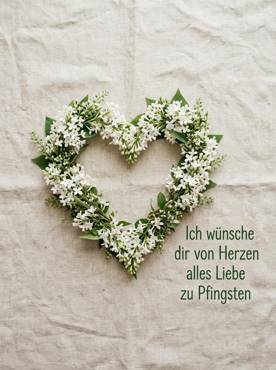 Ein aus weißem Flieder geformtes Herz auf hellem Leinenstoff mit dem sauberen grünen Text Ich wünsche dir von Herzen alles Liebe zu Pfingsten.