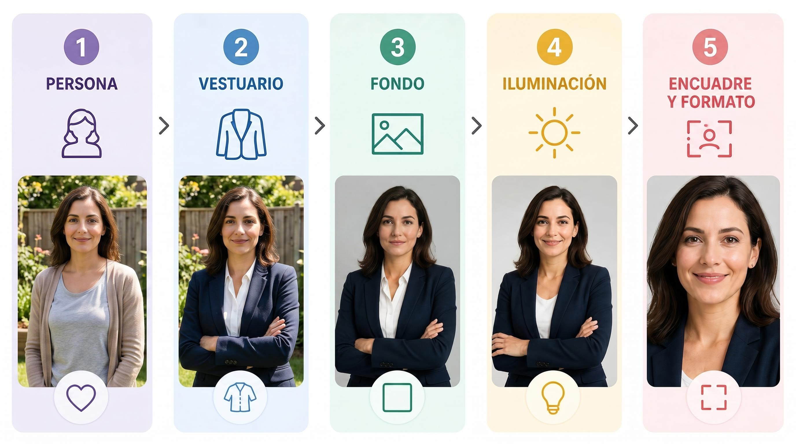 Estructura de un prompt para foto profesional: persona, vestuario, fondo, iluminación y encuadre