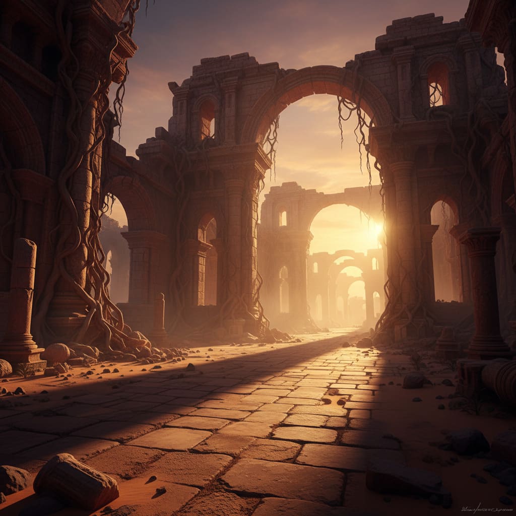 Ruines Anciennes Désertées au Coucher du Soleil