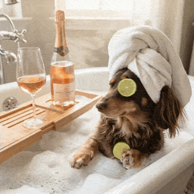 a dachshund takes a bath with a glass of rose