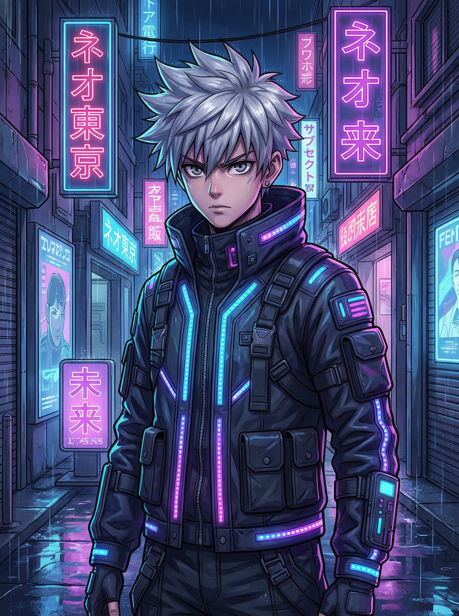 KI-Anime-Charakter im Cyberpunk-Stil mit silbernen Haaren und Techwear-Rüstung in einer neonbeleuchteten Stadt bei Nacht.