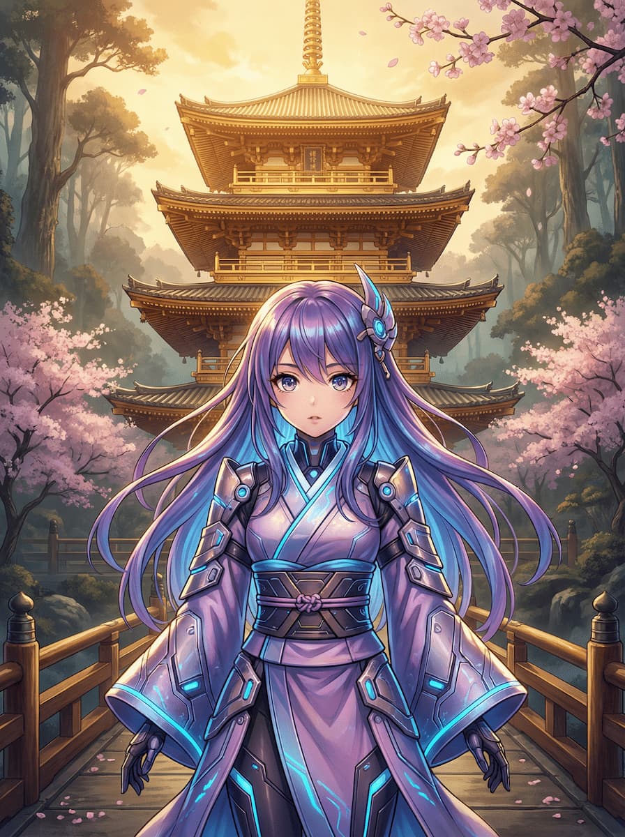 Anime-Kriegerin mit lila Haaren in einer futuristischen Rüstung vor einer traditionellen japanischen Pagode und Kirschblüten bei Sonnenuntergang.