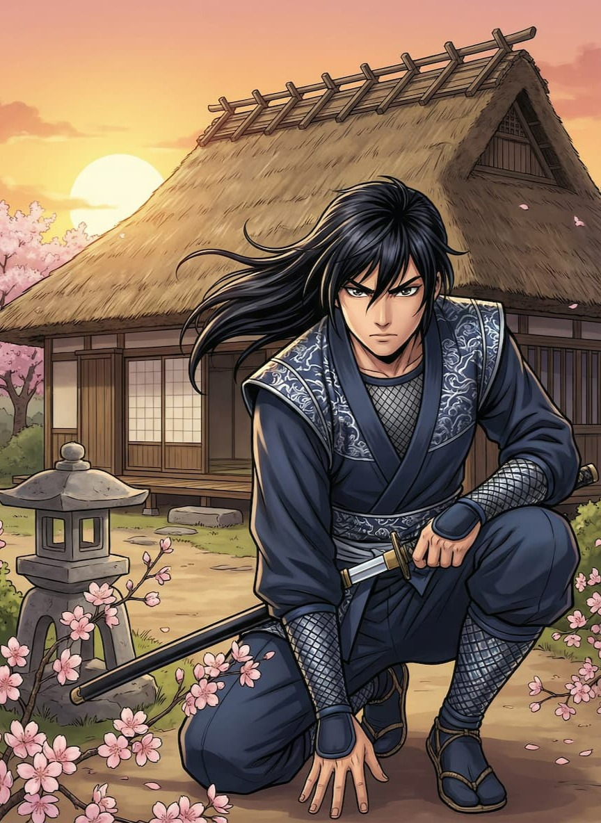 KI-Anime-Charakter eines männlichen Samurai in dunkelblauer Rüstung mit Schwert vor einem traditionellen japanischen Haus bei Sonnenuntergang.