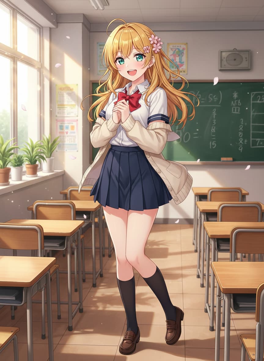 Illustration eines lächelnden Anime-Mädchens in Schuluniform in einem sonnigen Klassenzimmer mit Kirschblüten-Details im Grafikstil