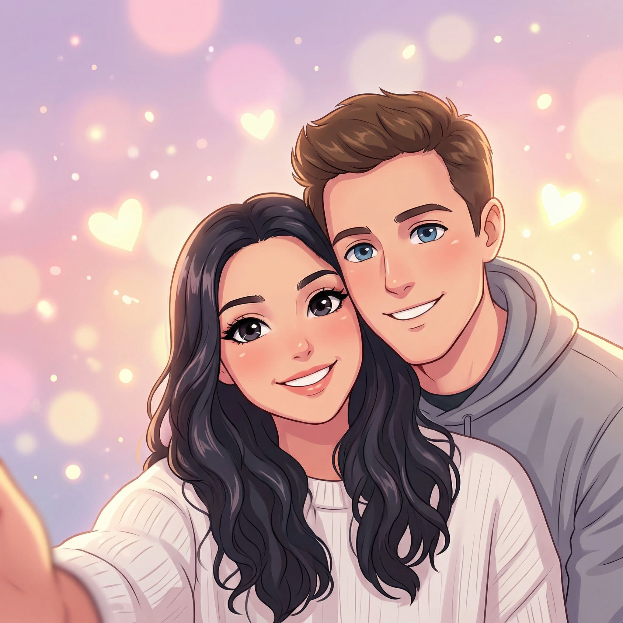 Couple photo transformed into anime style illustration with pastel background