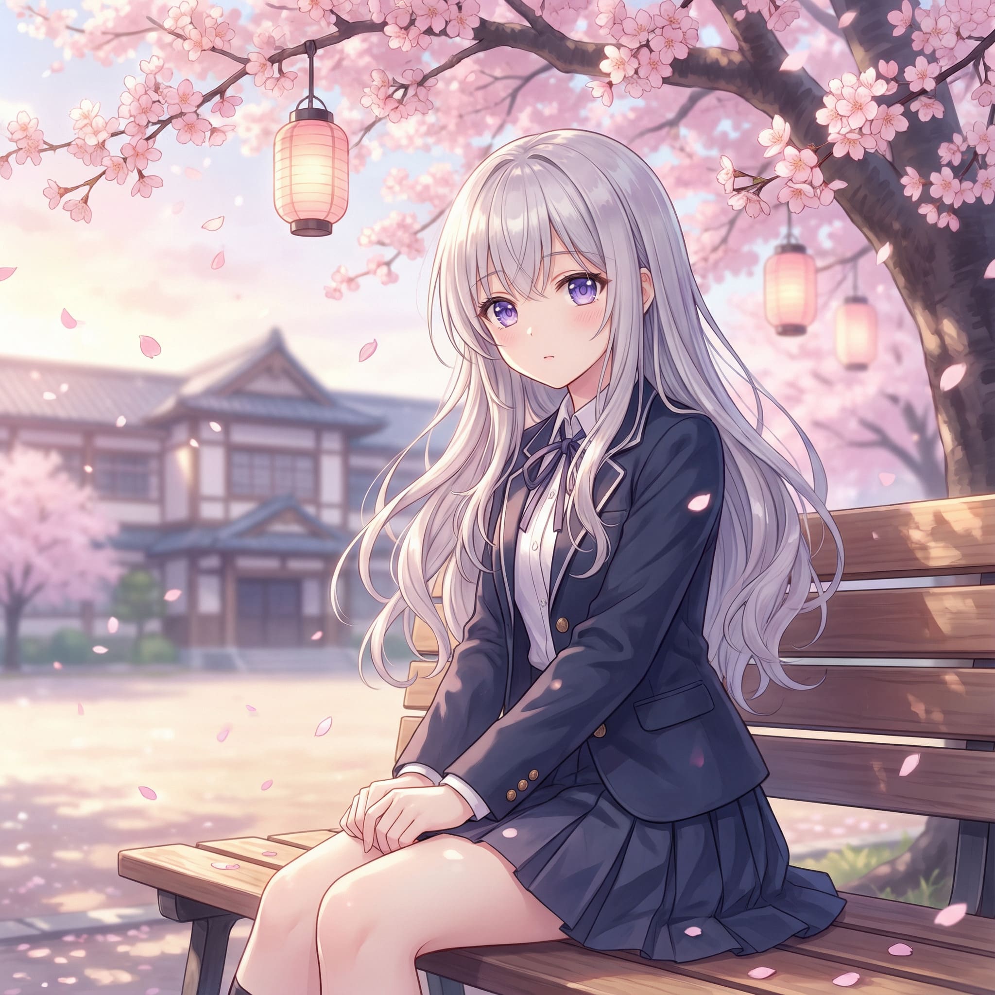 Young anime girl under cherry blossoms AI-generated illustration