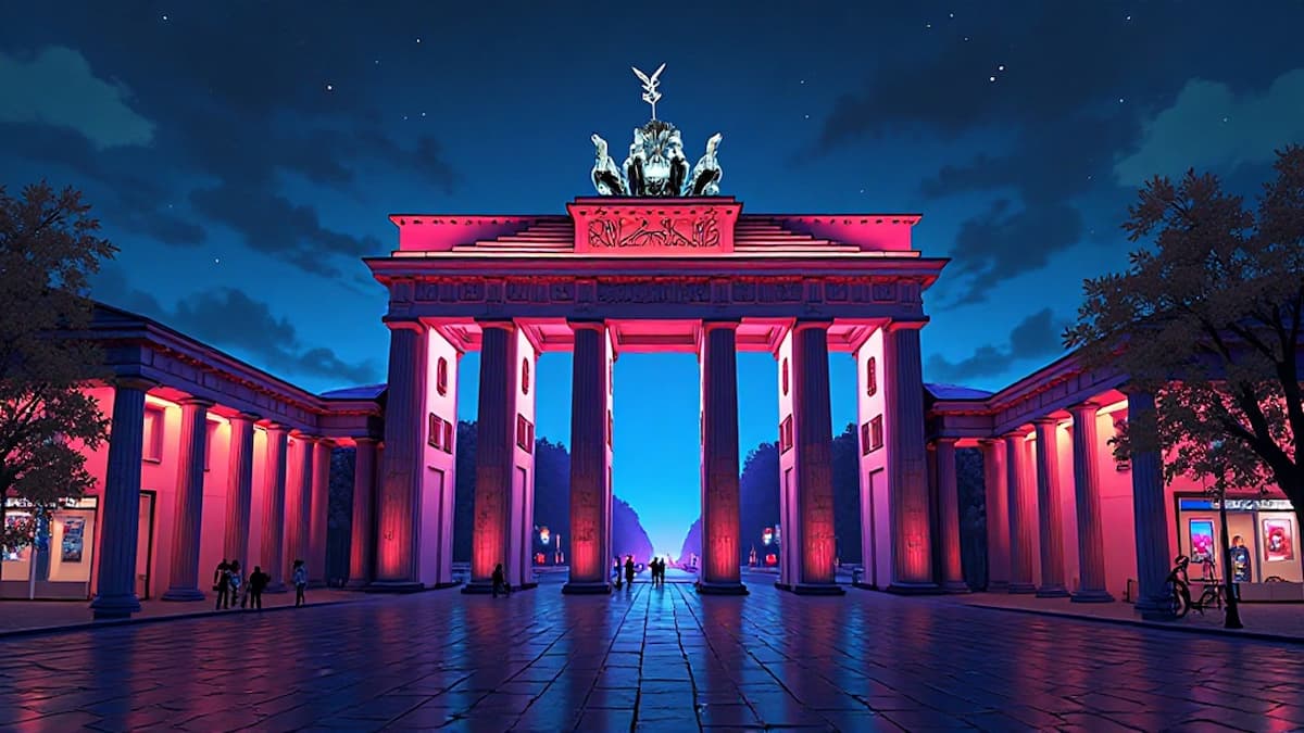 Das Brandenburger Tor in Berlin als Anime-Illustration im Abendlicht mit pinker Beleuchtung und einem sternenklaren blauen Himmel.
