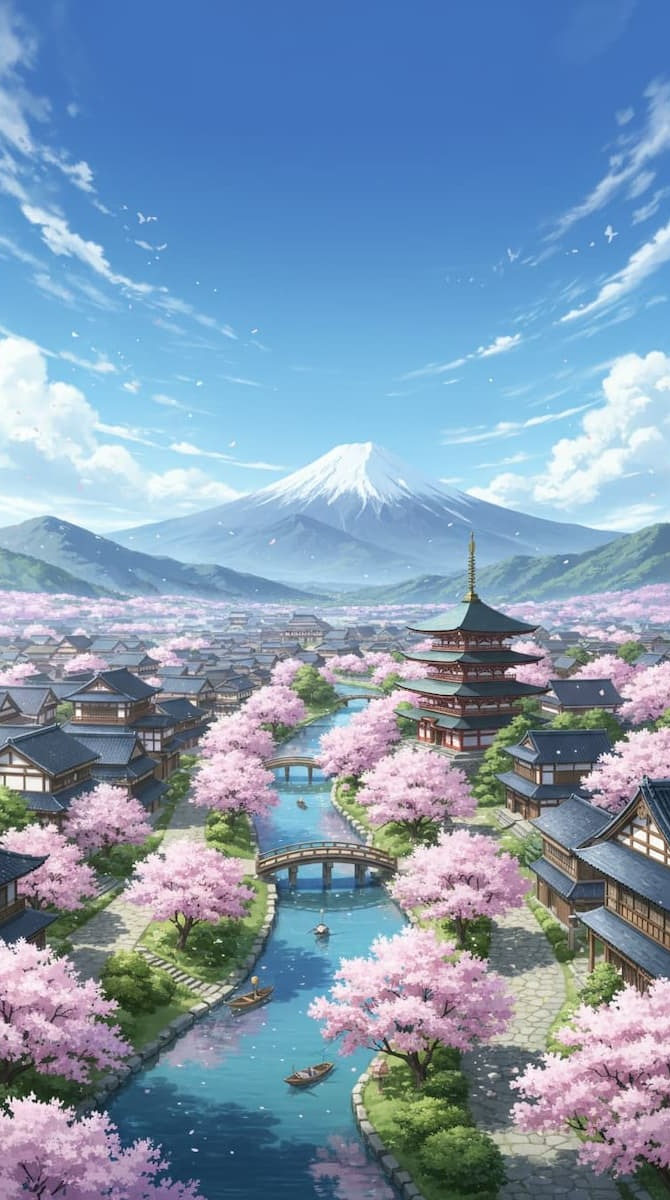 Idyllisches Anime-Wallpaper eines japanischen Dorfes mit Pagode und Kirschblüten vor dem Berg Fuji bei strahlend blauem Himmel.