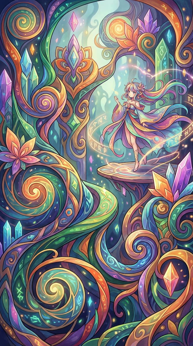 Anime-Hintergrundbild einer Silhouette am Abgrund vor einem farbenfrohen Polarlicht-Himmel mit schwebenden Inseln und Kirschblüten.