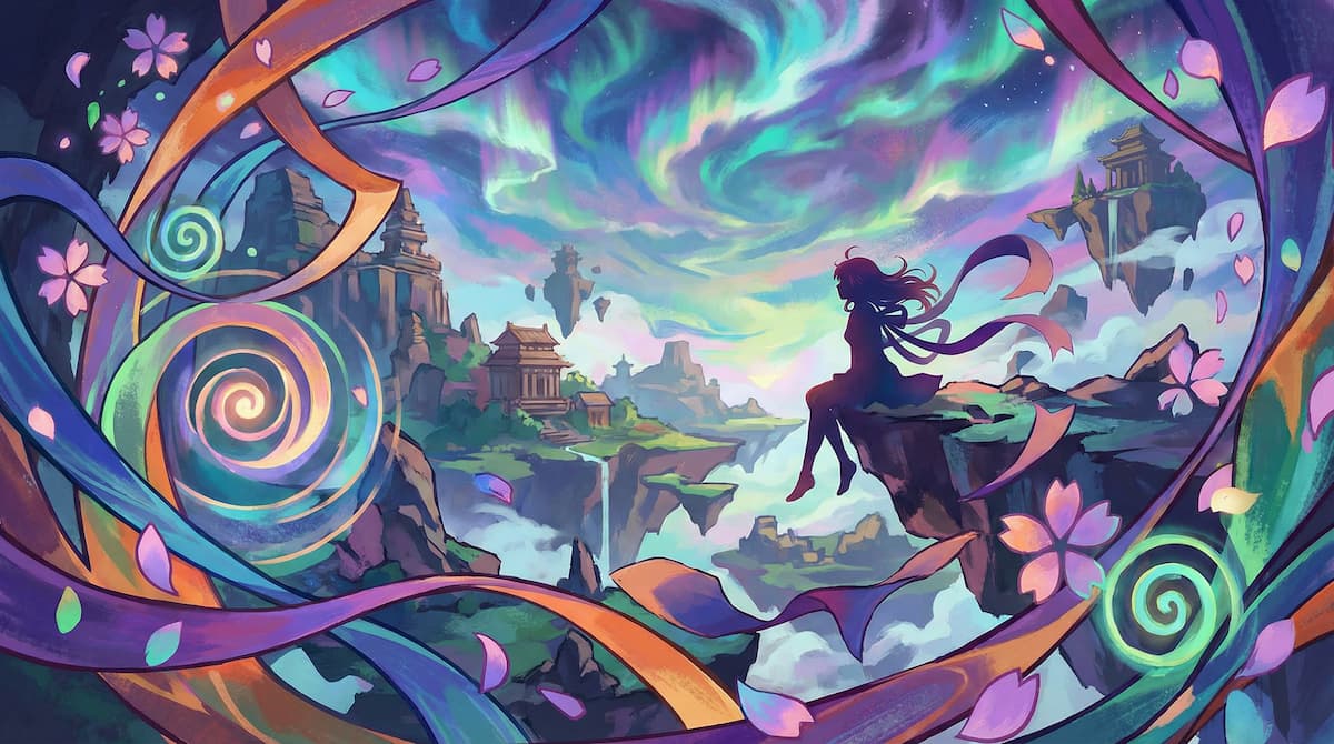 Anime-Hintergrundbild einer Silhouette am Abgrund vor einem farbenfrohen Polarlicht-Himmel mit schwebenden Inseln und Kirschblüten.