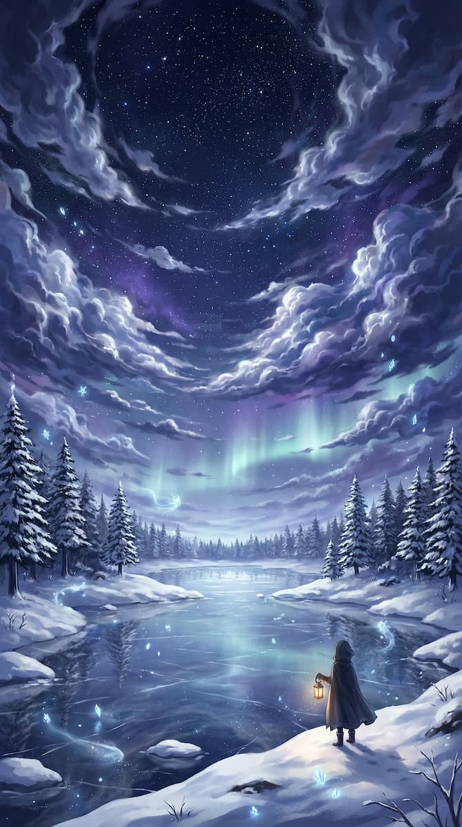 Gemütlicher Anime-Hintergrund einer verschneiten Hütte an einem See bei Nacht unter einem sternenklaren Mondhimmel.