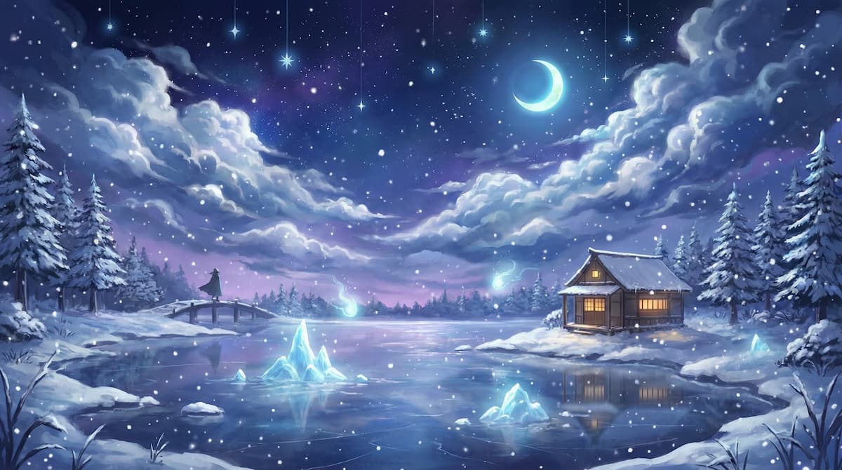 Gemütlicher Anime-Hintergrund einer verschneiten Hütte an einem See bei Nacht unter einem sternenklaren Mondhimmel.