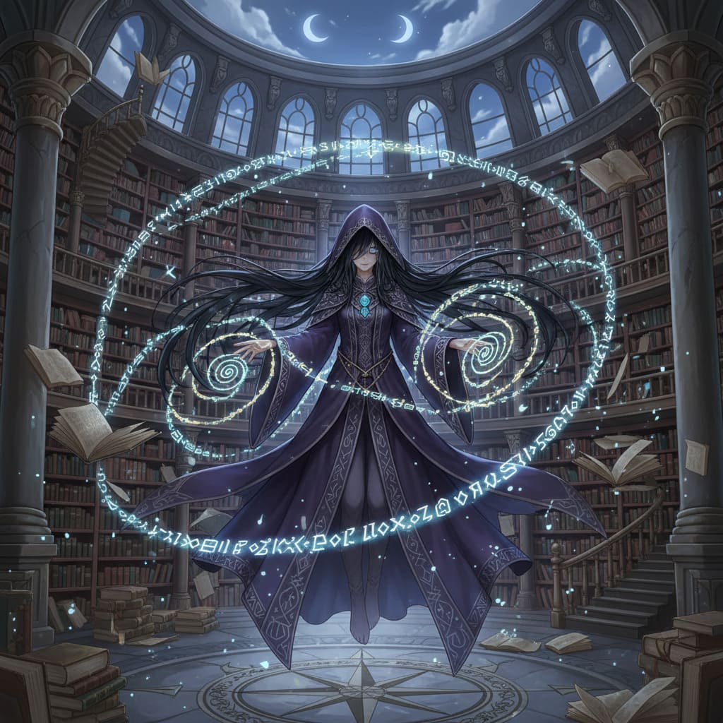 Mysterious anime mage in library AI-generated illustration