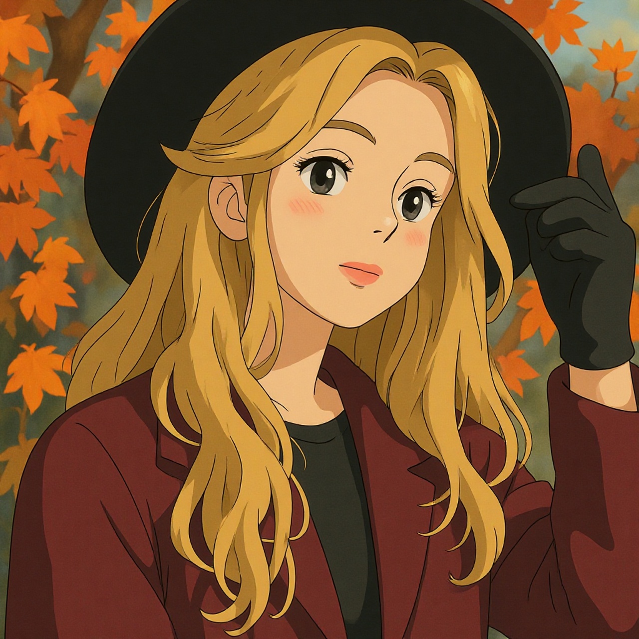 Ästhetisches Anime-Mädchen mit Hut im Herbstwald.