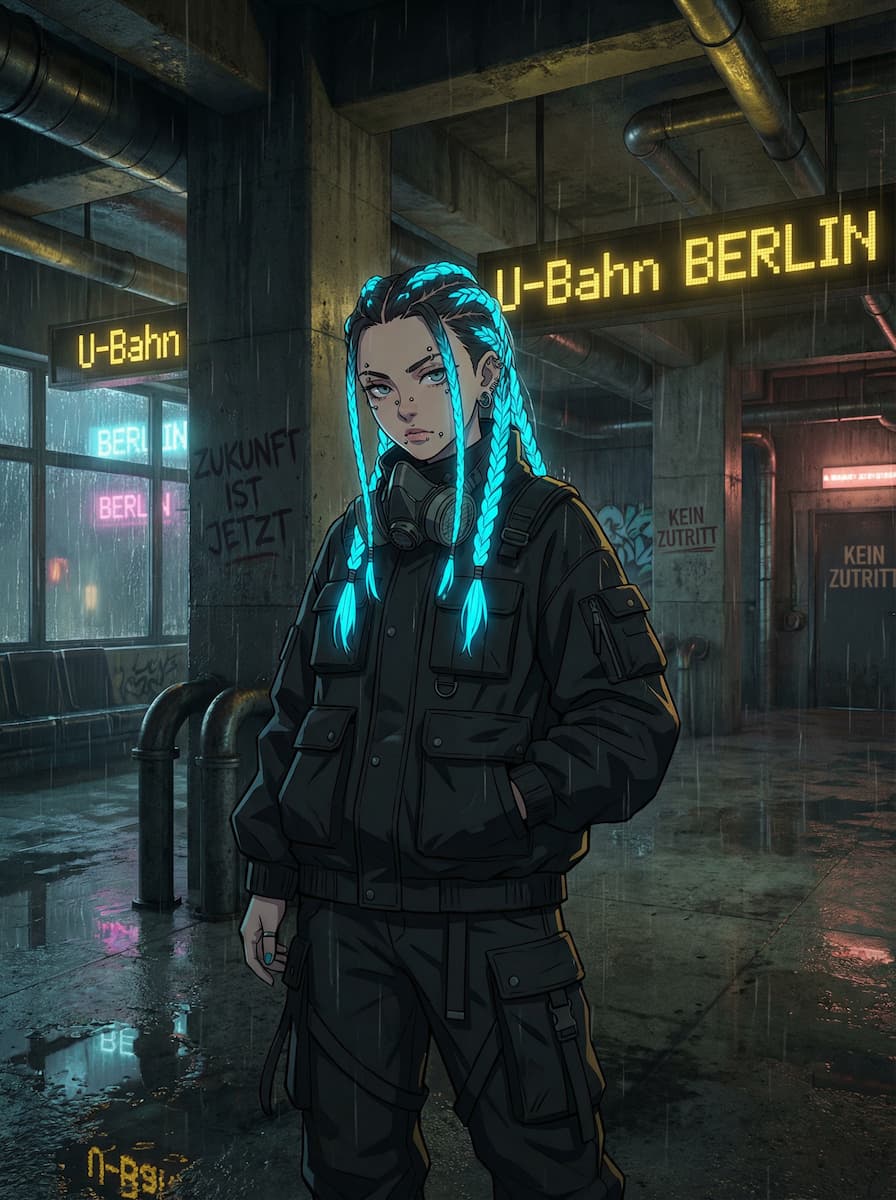 Cyberpunk-Anime-Girl in schwarzer Techwear mit leuchtenden neonblauen Zöpfen in einer Berliner U-Bahn-Station mit der Aufschrift Zukunft ist jetzt.