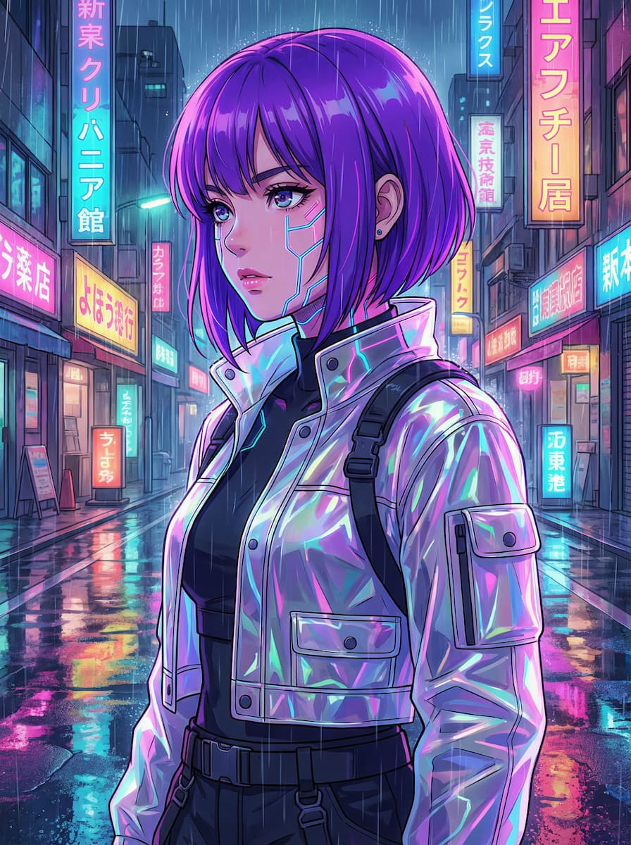 KI-generierte Anime-Waifu im Cyberpunk-Stil mit kurzen violetten Haaren und holografischer Jacke vor einer neonbeleuchteten Stadtkulisse bei Nacht.