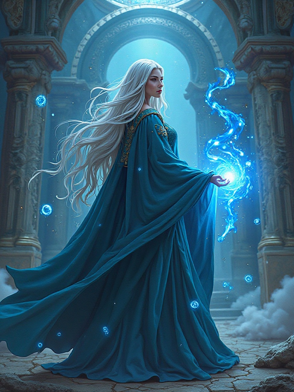 Fantasy-Anime-Waifu als Magierin mit silbernen Haaren, die in einem antiken Tempel blaues magisches Licht beschwört.