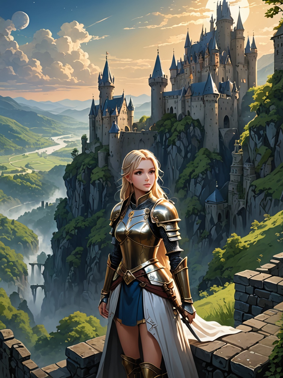 Anime-Ritterin in goldener Rüstung auf einer Burgmauer vor einer nebelverhangenen deutschen Mittelgebirgslandschaft im Fantasy-Stil.