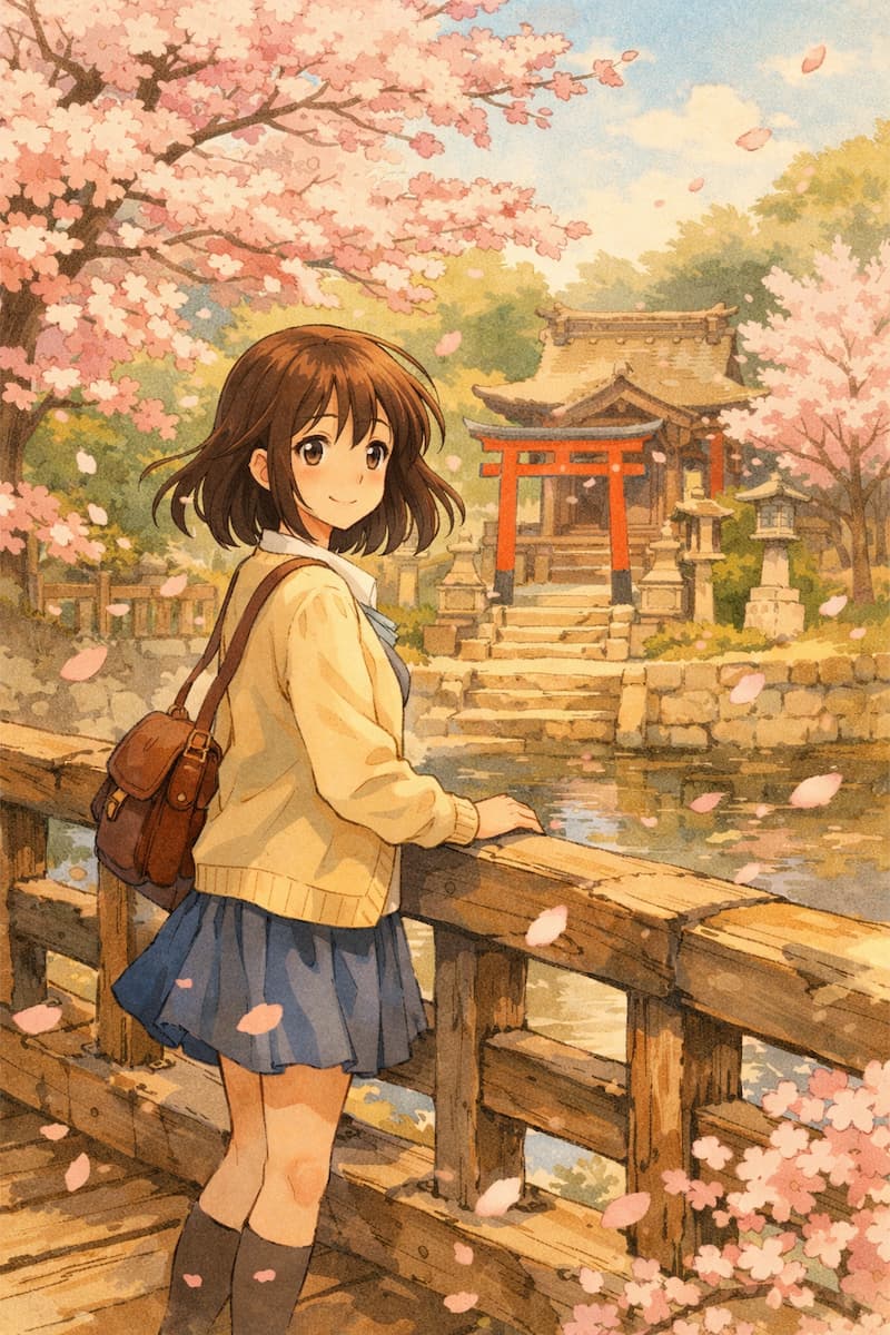 Anime-Girl im weichen Ghibli-Aquarellstil auf einer Holzbrücke vor einem japanischen Schrein und blühenden Kirschblüten.
