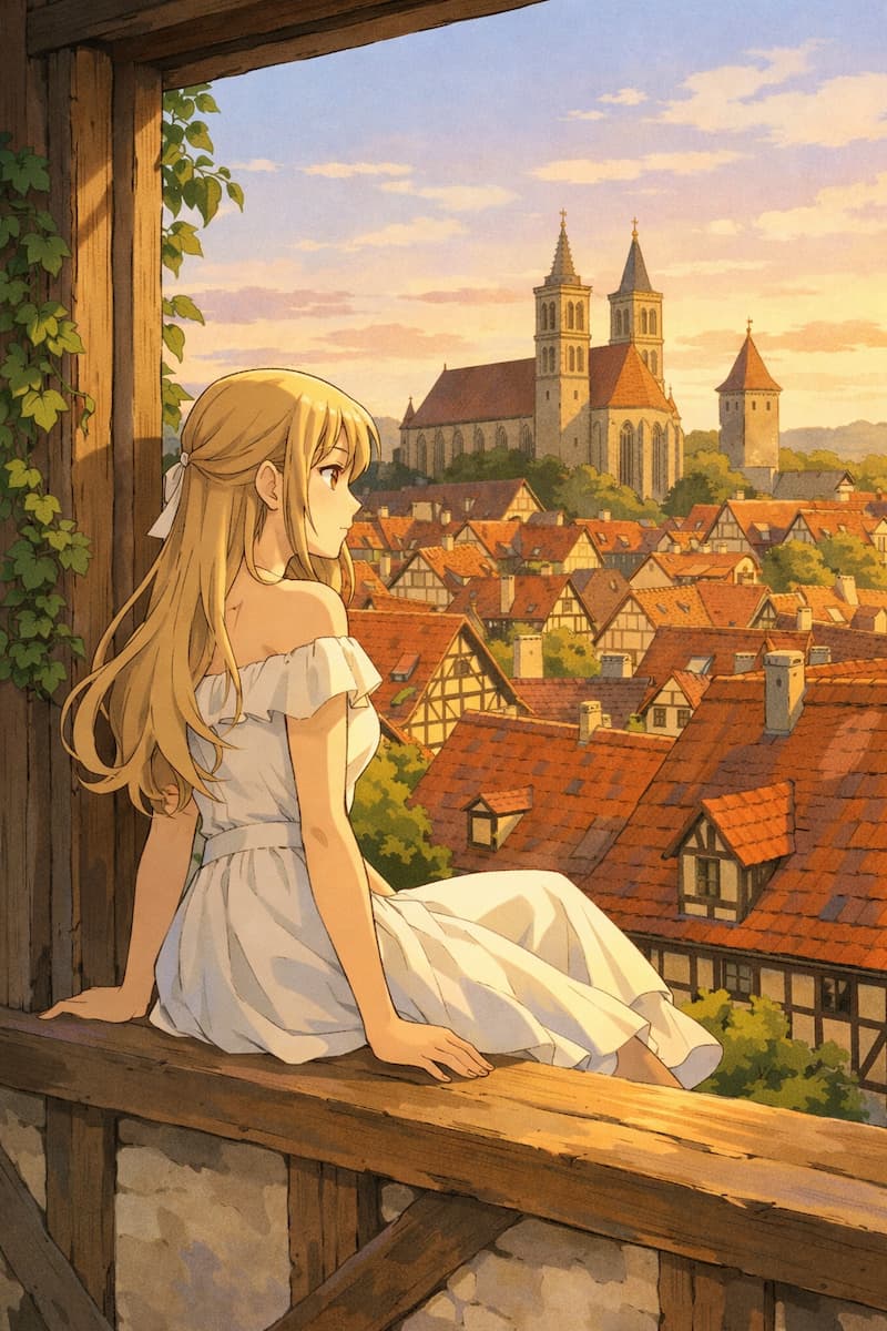 Ghibli-inspirierte Illustration eines Mädchens, das von einem hölzernen Balkon auf eine malerische deutsche Altstadt mit Fachwerkhäusern bei Sonnenuntergang blickt.