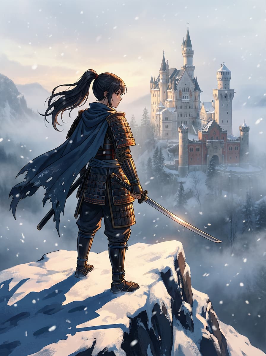 Anime-Samurai-Kriegerin auf einem schneebedeckten Felsen vor der winterlichen Kulisse von Schloss Neuschwanstein in den bayerischen Alpen.