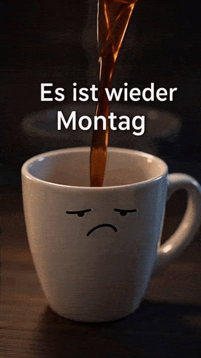 Ein animiertes GIF im Hochformat zeigt eine weiße Kaffeetasse mit einem traurigen, müden Smiley-Gesicht auf einem dunklen Holztisch. Heißer Kaffee wird von oben in einem kontinuierlichen Strahl in die Tasse gegossen. Über der Tasse steht in klarer, weißer Schrift der Text Es ist wieder Montag.