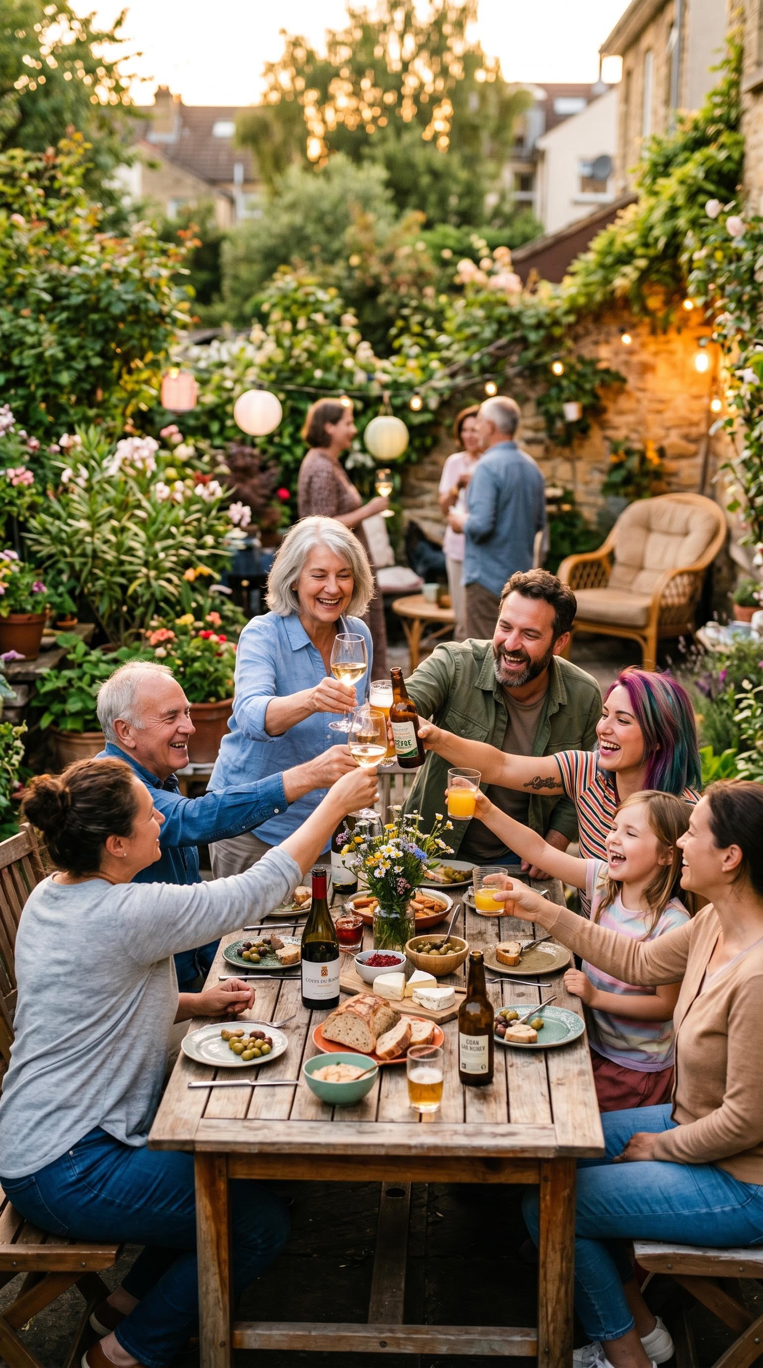 Apéro en plein air entre voisins pour la fête des voisins, photo lifestyle générée par IA