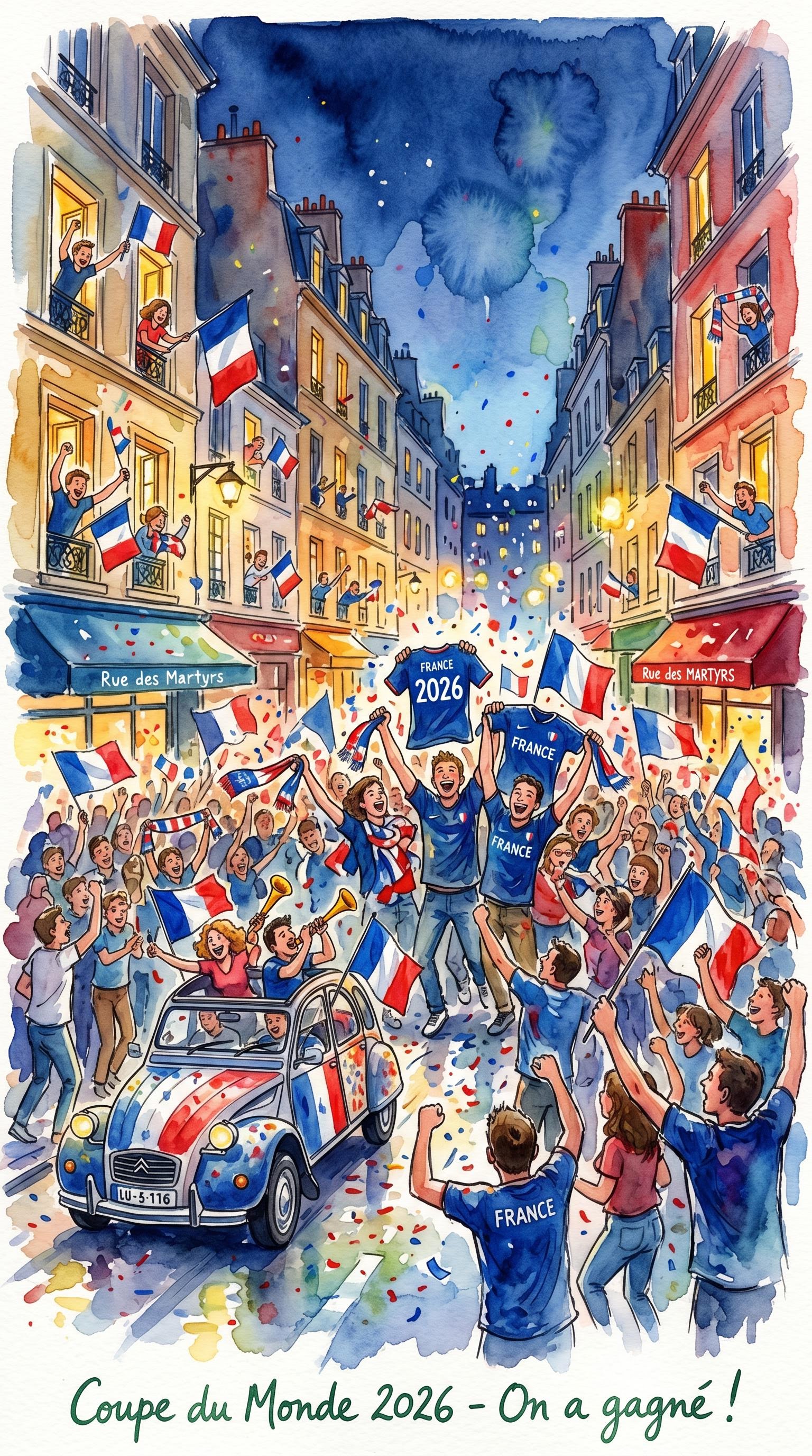 Aquarelle de l'ambiance après-match dans le quartier pour la coupe du monde, générée par IA