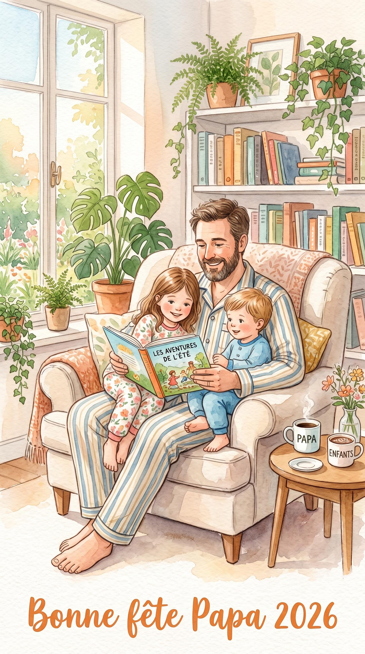 Aquarelle d'une scène familiale du dimanche matin pour la fête des pères, générée par IA