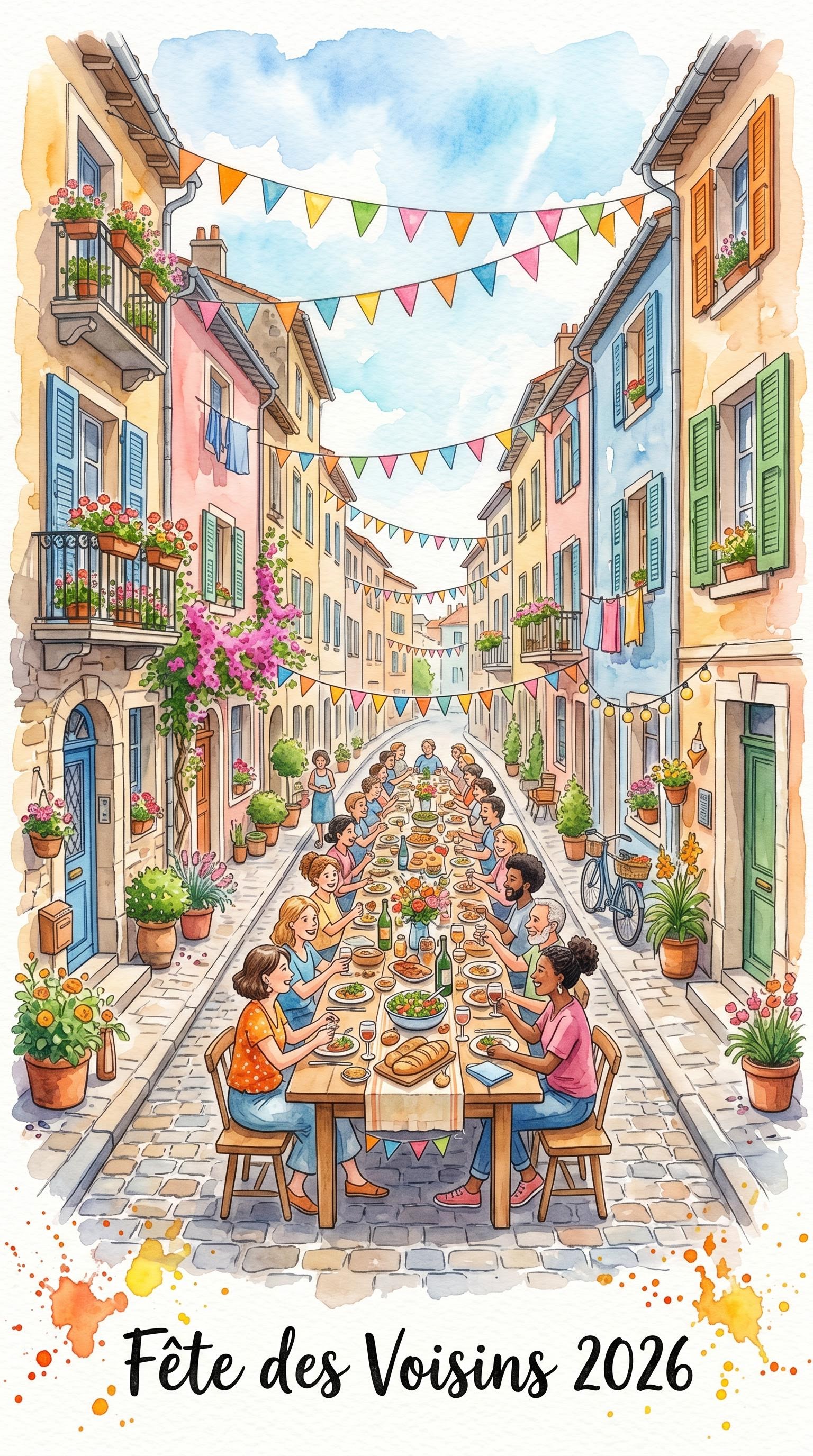 Aquarelle d'une rue animée pour la fête des voisins, générée par IA