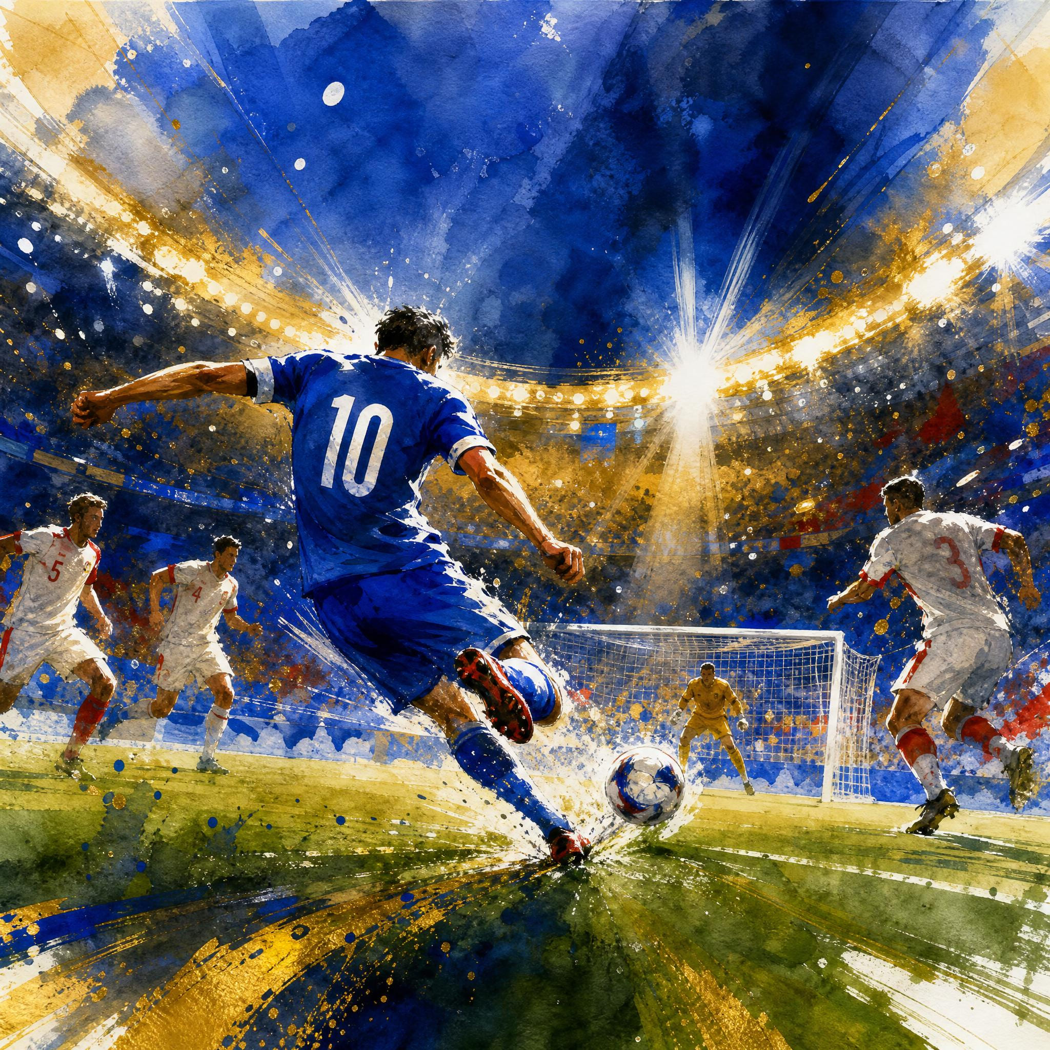 Illustration aquarelle scène de match Coupe du Monde 2026 créée par l'IA