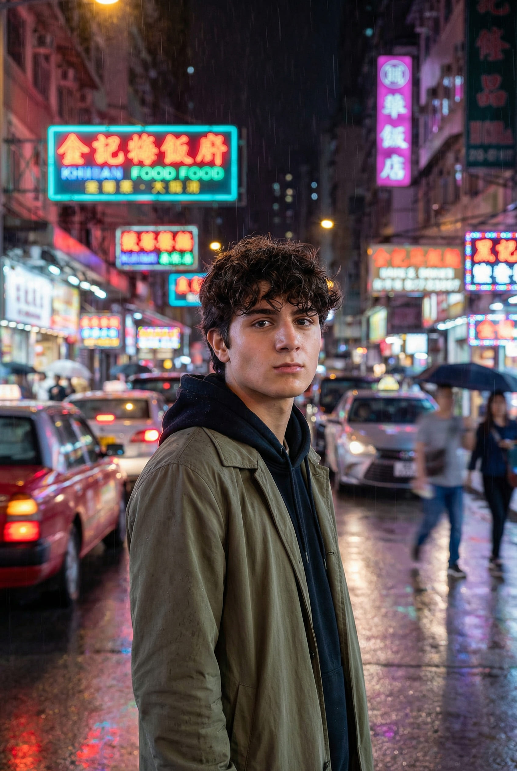Cinematic night portrait on East-Asian street