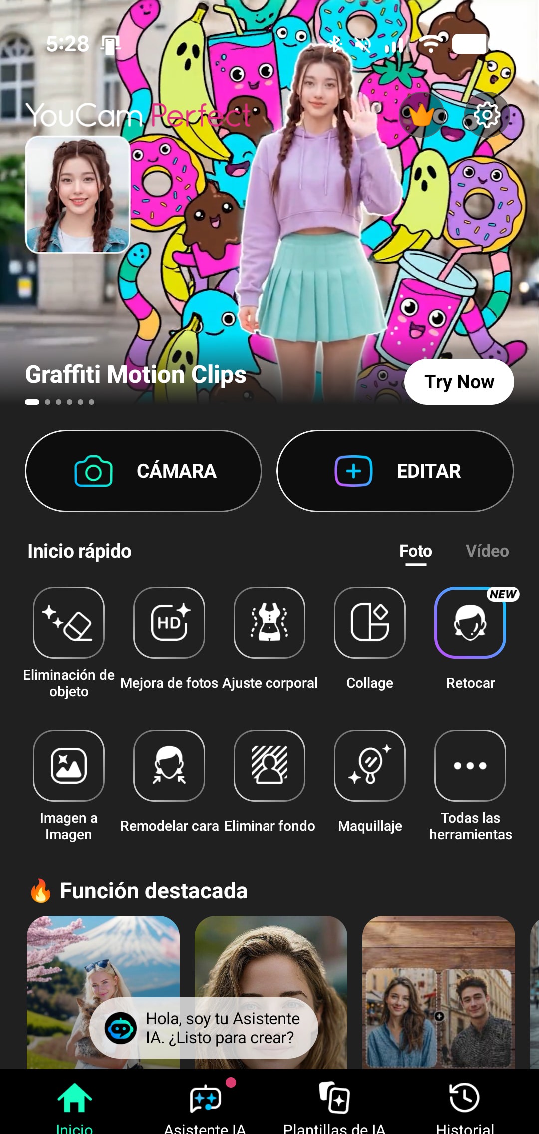 Herramientas de retoque facial de YouCam Perfect sobre un retrato