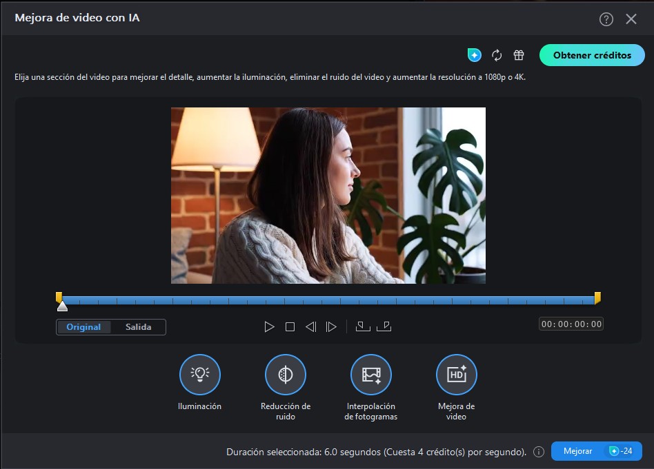 Ventana Mejora de video con IA de PowerDirector para Windows con los controles de iluminación, reducción de ruido, interpolación y mejora de video