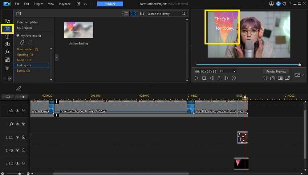 PowerDirector Interface - intro/outro templates