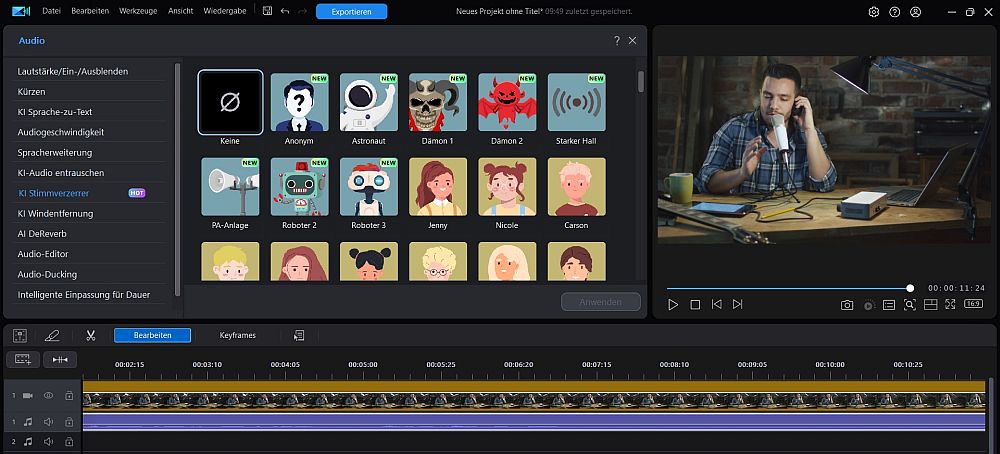 Der Stimmenverzerrer in PowerDirector bietet verschiedene KI-Stimmen